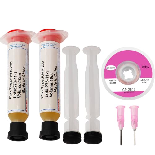 FUHAMJ 2 Piezas Pasta de Soldadura para Electrónica – Flux Profesional No Clean para Soldar SMD/PCB/Componentes – Incluye Malla Desoldadora 1,5m – Flujo de Soldar Preciso y de Alta Fluidez
