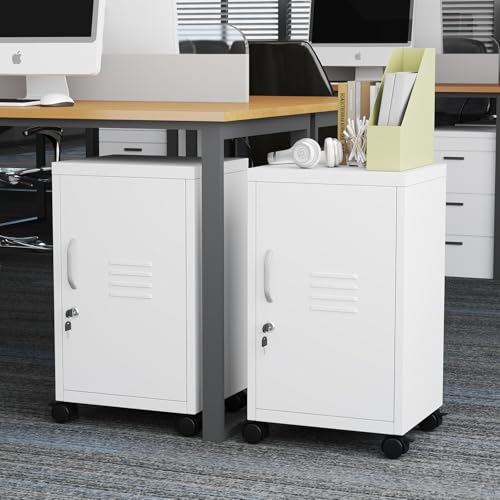 Image of pozdeg 24.4 inch H Metal Storage Locker with Wheels, Single Door Lockable Steel File Cabinet with Adjustable Shelf, Anti-Theft Locker for Home, Office, School, Gym Organizer, White