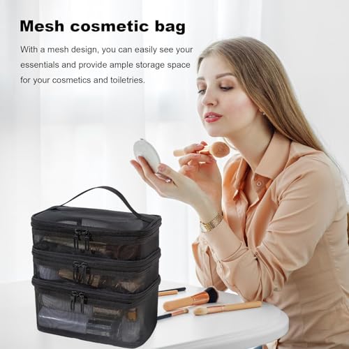 Image of 3 Layer Makeup Pouch Bag,Travel Makeup Organizer Portable Toiletry Case Bag Pouch, Large Mesh Toiletries Double Layer Nylon Brush Zip-up Tool with Handle (Black)