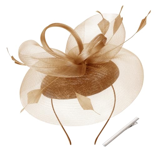 tiggell Fascinators Tea Party Hat for Women Pillbox Hat with Feather Mesh Veil Headband Clip for Wedding Church Cocktail Gold