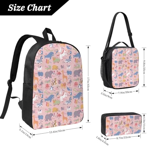 Animal Name Alphabet Chart A B C 17 Inch Backpack Sets Lunch Bag Lightweight Daypack for Men Women 3Pcs2