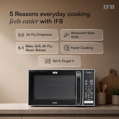 Image of IFB 21L Air Fry Convection Microwave with 5 in 1 Versatility Bake, Grill, Roast, Reheat & Multi-Stage Cooking, Auto Cook Menus (21SC5, Silver, Weight Defrost, Steam Clean, 10 Power Levels)