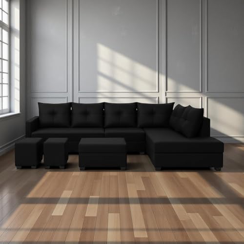 Image of SOCOZI Oriana 8 Seater RHS L Shape Sofa Set | Velvet Suede Fabric L Shape Sofa for Livingroom with 2 Ottoman & Centre Table (Black)