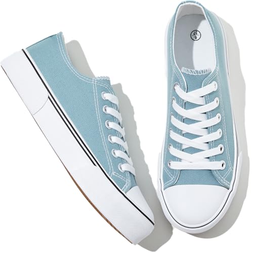 Adokoo Canvas Tennis Shoes for Women Low Top Casual White Lake Green Sneakers for Women Lace Up Fashion Comfortable Walking Shoes (Lake Green,8.5)