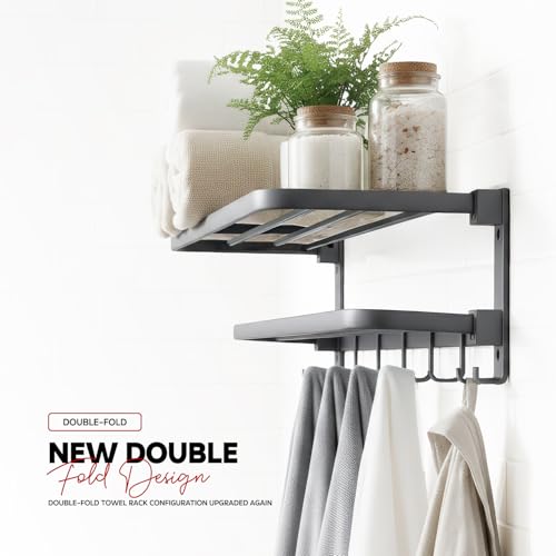 Image of Amazon Basics Foldable 24 Inch Towel Rack for Bathroom - Wall Mounted Space-Saving Aluminum Towel Holder with Double Tier Shelf, Rod & Hooks - Rustproof Bathroom Accessories