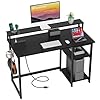 GreenForest 47 inch Gaming Desk with Power Outlets, Small Home Office Desk with Ergonomic Monitor Stand, Reversible Computer Desk, Modern Study Desk, Laptop Desk,Black