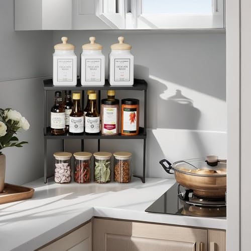 SHBaizoy Impilabile Cucina Organizer,Metallo Organizzatori da Cucina con tappetino antiscivolo,multifunzionale Organizer Bagno,per cucina/bagno/piano tavolo/credenza. (2, Nero)