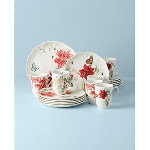 Lenox butterfly meadow 18pc holiday dinnerware set 2090 lb red green  urban country home decor