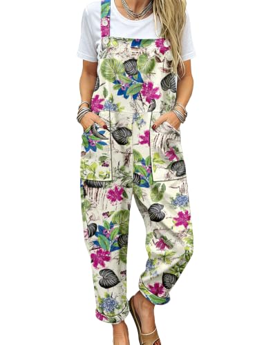 Image of YESNO Women's Overalls Cotton Boho Casual Floral Bib Jumpsuit Baggy Adjustable Strap Romper with Pockets PVV