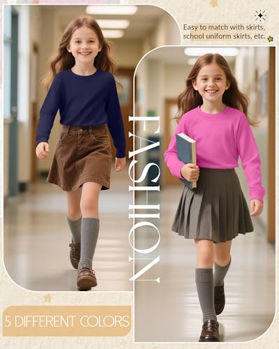 5 Pack Girls' Long Sleeve Shirts Curve Hem Crewneck Tops Raglan Loose Fit Casual Kids Basic Tees Fall3