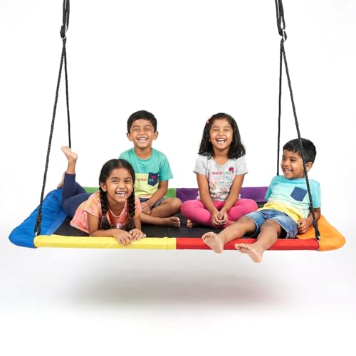 Image of Shopster Giant Platform Swing for Kids & Adults, Large 150 cm x 79 cm Weight Capacity, Children Rope Tree Colorful Rectangular Swing Durable Steel Frame for Hanging Outdoor, Resistant Waterproof