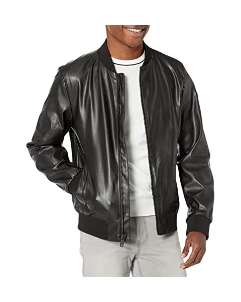 DKNY Men's Faux Leather Varsity Bomber Jacket, Black Smooth Lamb