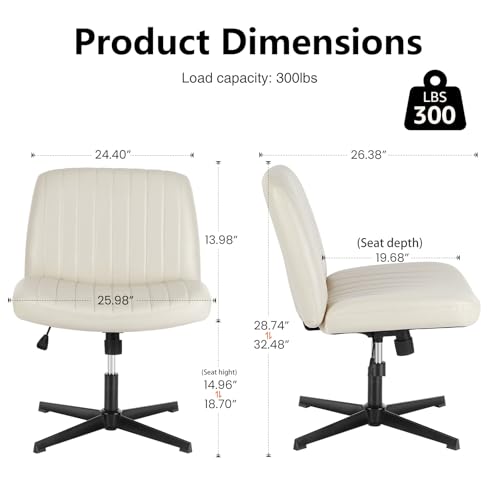 DUMOS Criss Cross Chair Legged Office Wide Comfy Desk Seat, No Wheels Armless Computer Task Seating, Swivel PU Leather Vanity Home Height Adjustable