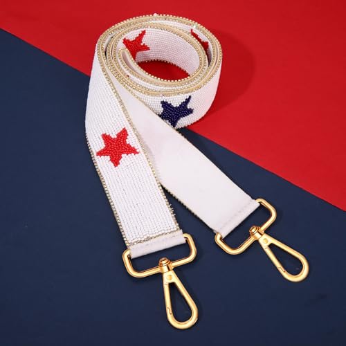 Image of 4th of July Beaded Purse Strap Red White and Blue American Flag Star Crossbody Bag Strap for Stadium Bag 4th of July Accessories Outfits (Style C)