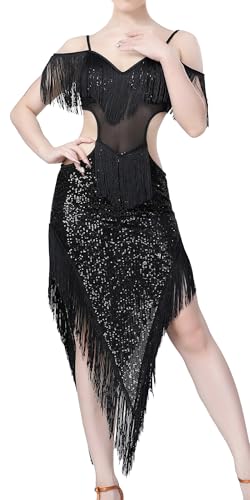 Adigau Kleid Frauen Damen Vintage Retro Spaghettiträger Tanzkleidung latein mit Fransen Rock für Tango Rumba Chacha Schwarz S