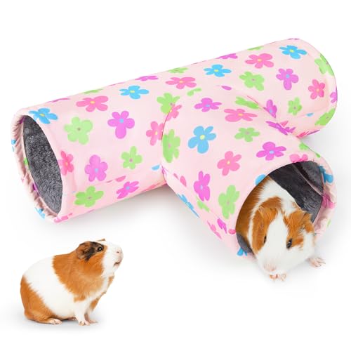 Glittme Guinea Pig Tunnel Washable Guinea Pigs Hideout Portable Rabbit Tunnels Soft Ferret Tunnel for Playing Resting Guinea Pig Accessories for Hedgehogs, Hamster, Apricot Flowers