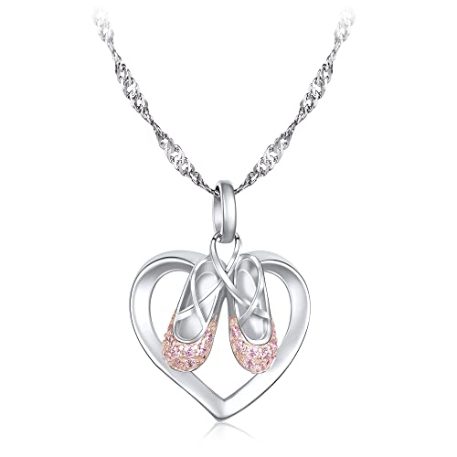 925 Sterling Silver Christmas Gifts for Women Ballerina Necklace Pendant Jewelry Heart Necklace Cubic Zirconia Ballet Slippers Shoes Necklace for Women Teen Little Girl & Dancer 18