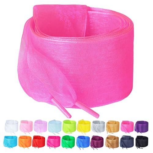 Booyckiy Ribbon Shoe Laces for Women, 4cm Wide Fashion Sheer Tulle Shoelaces for Sneakers, Satin Silk Laces, Hot Pink, 47inch(120cm)