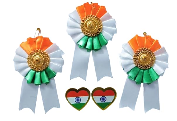 MushtiIndian Flag Design Badge for Republic Day & Independence Day, Indian Flag Lapel Pin Brooch wear on Shirt, T-shirt, Saree and Coat, Set of 5 (3 Cotton Brooch And 2 Papar Brooch)