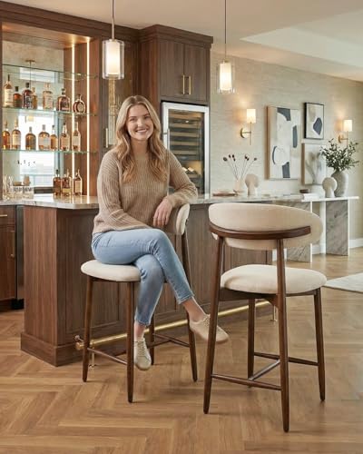 Image of Bar Stools Set of 2, 25.6″ Counter Height Bar Stools with Wood Legs, Upholstered Modern Kitchen Barstools for Kitchen Island Dining Room Bar, Beige