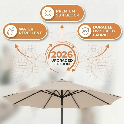 Image of Greesum 9FT Outdoor Patio Umbrella, Table Umbrella for Yard, Market, Heavy-Duty Waterproof Pool Umbrella with 8 Sturdy Ribs, UV Protection for Beach, Deck, Garden, Backyard