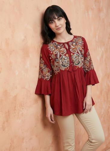 Image of Bee M Pee Designer Women's Short Kurti Navy Embroidered Viscose Rayon Tunic Tops