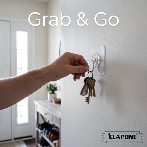 Image of CLAPONE Adhesive Hooks for Hanging /Wall Hook /Towel Coat Hooks /Without Drilling /Transparent Hook for Bathroom /Kitchen /Towel /Coat /Door /Outdoor Use /Wall /Home Improvement (Transparent, 30 Piece)