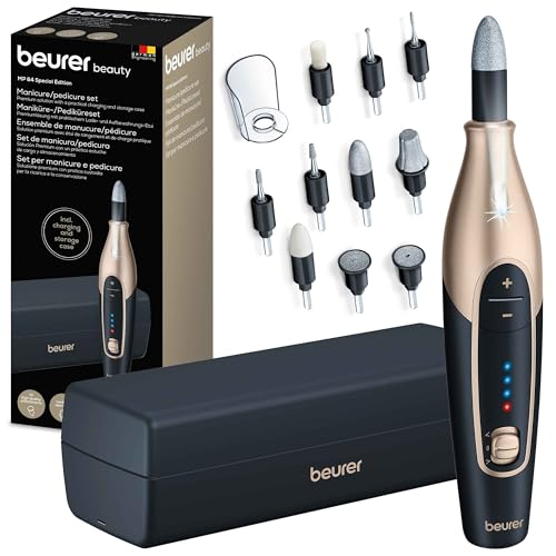 Beurer MP 84 Edition Set de manicura/pedicura, torno de uñas eléctrico con batería recargable, 10 accesorios, luz LED, estuche, hasta 4400 rpm, cortauñas para el cuidado de manos y pies, negro