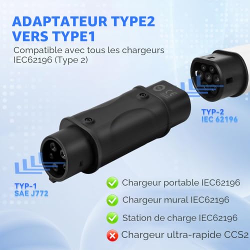 Adaptateur VE Type 2 vers Type 1 convertisseur IEC 62196 SAE J1772 max 32A