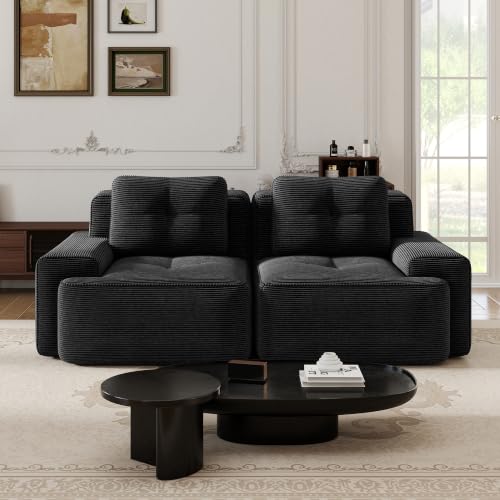 Image of 82 inch Modern Modular Boneless Couch for Living Room, 2 Seat, Soft Corduroy Fabric, Deep Seat Cloud sectional Sofa with Pearl Like Piping and Tufted Design, No Assembly, Anti Slip, Black