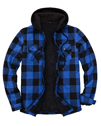 Lisskolo Men's Sherpa Flannel Jacket with Hood Plaid Zip Up Fleece Lined Hooded Shirt Jackets for Men