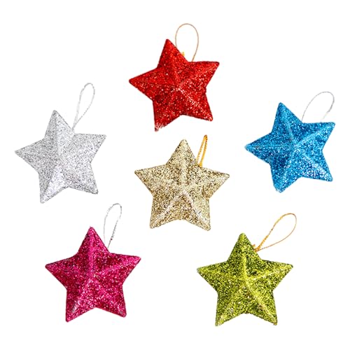 6 Pcs Star Christmas Tree Hanging Decorations - Small Glitter Xmas Star Pendant Tree Ornaments for Xmas Party (Colorful)