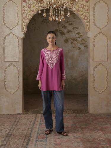 Image of QAZMI Women's Aari Embroidered Viscose Rayon A-Line Flared Short Kurti