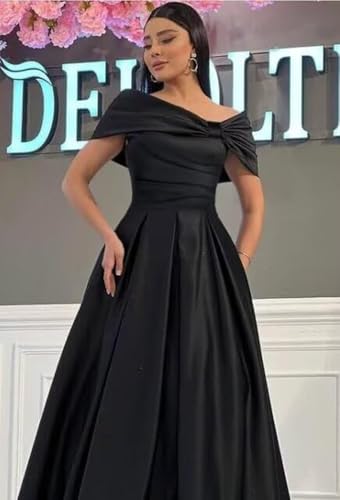 Satin Mother of The Bride Dresses Off Shoulder with Pockets Tea Length A-Line Formal Prom Evening Gowns with Bow4