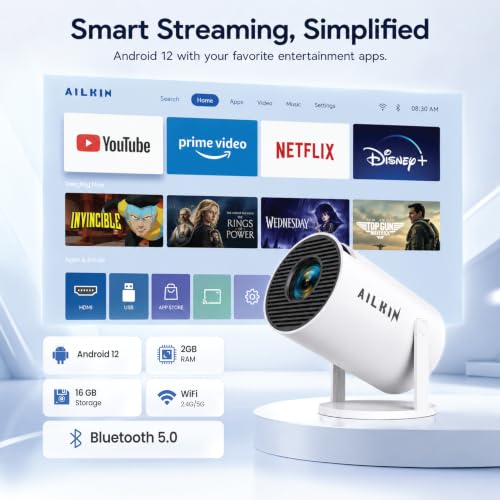 Image of AILKIN LED Best Projector, 1080P & 4K Ultra HD Support, 4500 Lumens | All OTT Apps (Netflix, Prime, Jio etc.) | Auto Keystone, WiFi /BT, HDMI, 12-inch Projector with WiFi 5G Bluetooth,150 Inch Display