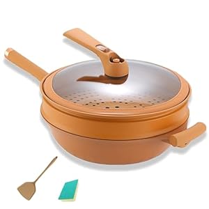 2024 Non-Stick Clay Wok With Steamer Basket, 12.6in Multifunctional Pottery Clay Non-stick Micro Pressure Pot 2-in-1 Micropressure and Induction Bottom with Free-standing Lid Stir Fry Pan