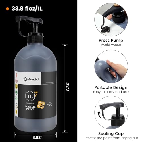 Image of Artecho Mars Black Acrylic Paint 1000ml / 33.8 fl oz Pump Dispenser | Large Bottle, Semi Glossy Finish, High Pigment Rich Color Craft Paint for Canvas, Rocks, Wood, Ceramic, Easy dispensing