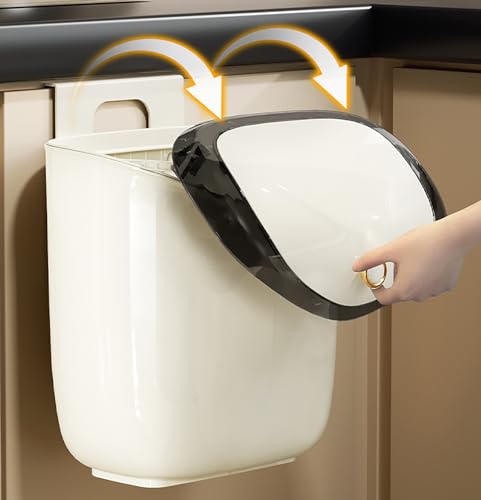 Image of House of Quirk Plastic Hanging Trash Can With Lid, Open Lid Design, Dual Sided Cabinet Door Hanging Wall Storage Bucket for Kitchen (7 Litre, Cream)