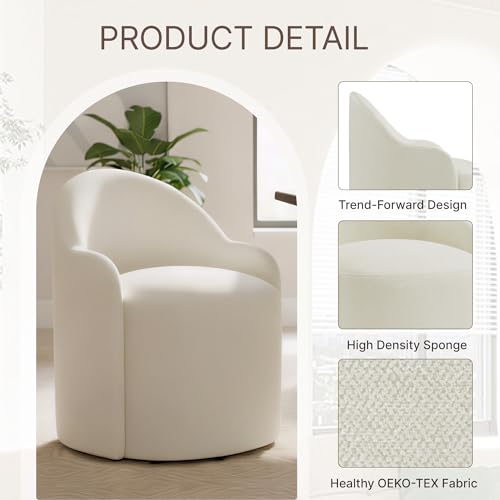 Image of KISLOT Upholstered Dining Chairs with Casters, No Assembly Modern Dining Room Chairs Accent Vanity Chair with 5 Wheels & Round Backrest for Bedroom, Living Room, Dressing, Linen Fabric, Set of 4
