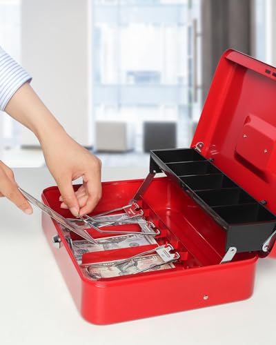 Lovndi Large Cash Box with Money Tray and Lock, Metal Money Box for Cash, Lockbox 11.8 x 9.5 x 3.54 Inches (Red key lock) - Thumbnail 4