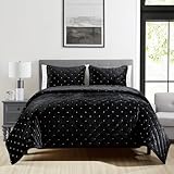 Sunshine Nicole Embroidery Quilt Set with Metallic Gold Thread, Distressed Velvet Face and Brushed Solid Microfiber Reverse, with Light Weight Soft Poly Fill, 3 Pieces Black Gold, Queen