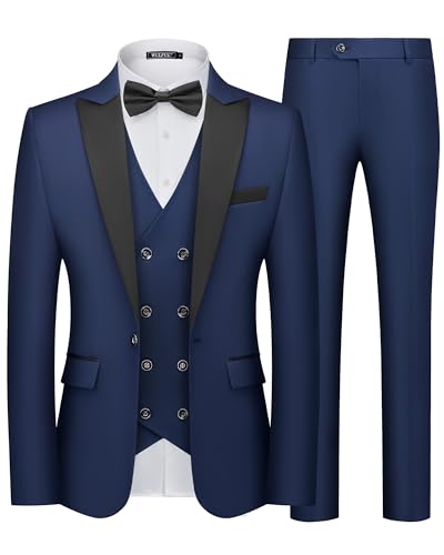 WULFUL Slim Fit Tuxedo for Men One Button Suit Set Prom Party Wedding Tux Men's Suits 3 Piece Navy