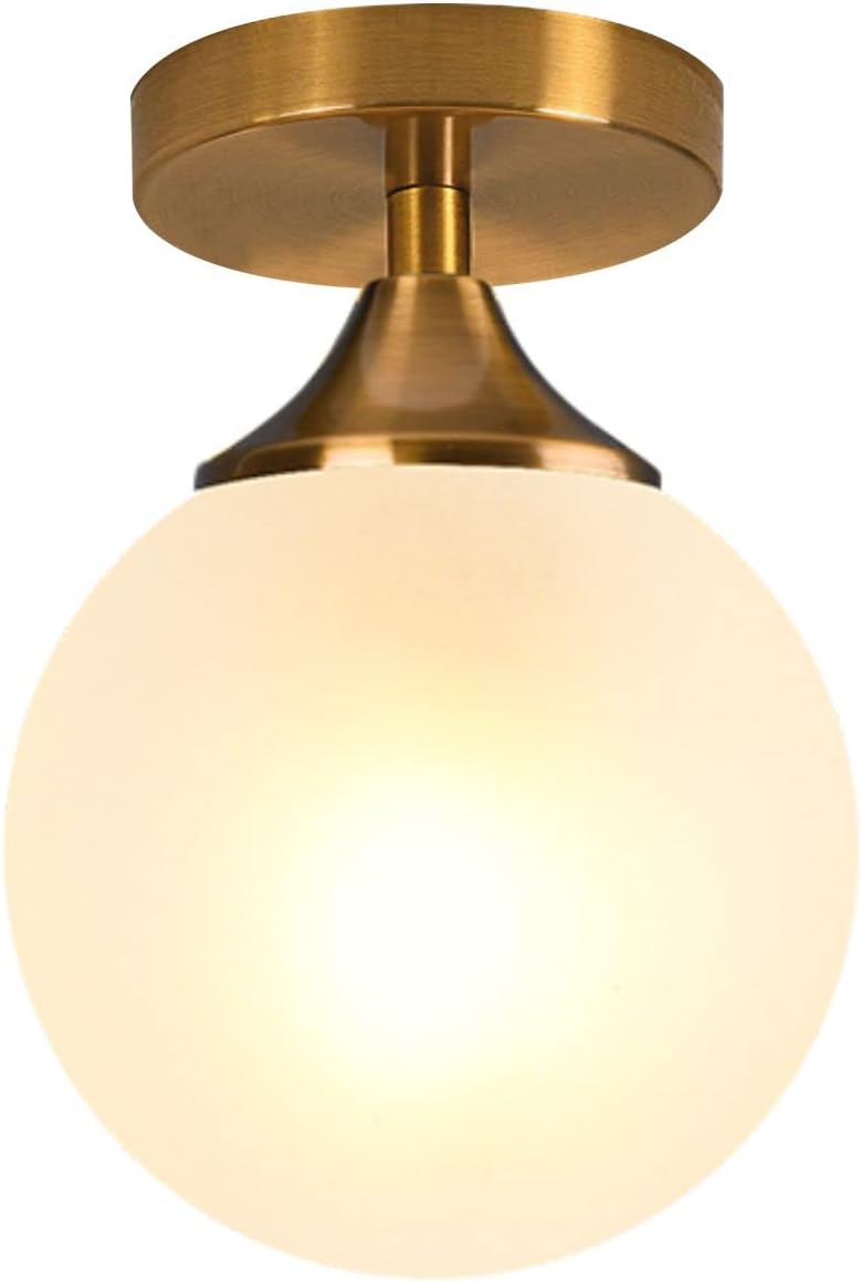 KCO Lighting Small Milk Glass Globe Semi Flush Mount Ceiling Light Mid Century Modern Gold Ceiling Light Fixtures Brass Hallway Light for Hallway Entryway Bedroom