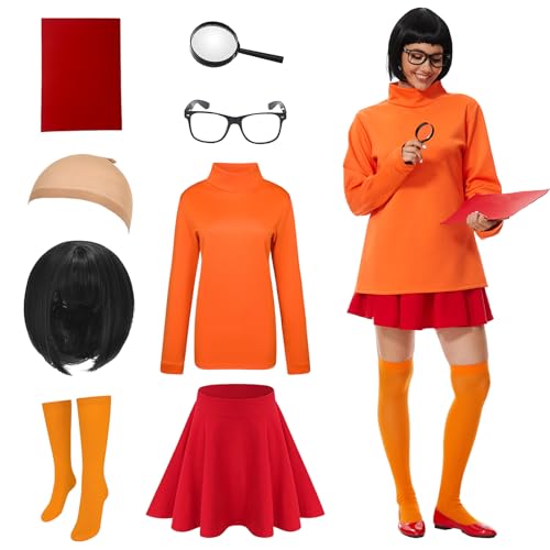 Halloween Adult Costume for Women Classic Movie Characters Costumes Orange Top Shirt with Red Pleated Skirt Outfit Set (XX-Large)