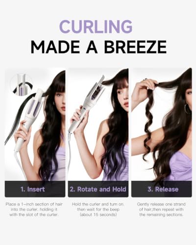 Image of 3 in 1 Automatic Curling Iron, Hair Curlers with 3 Curling Barrels (1 inch - 1.25 inch - 1.5 inch), Rotating Curling Iron with 3 Temp, 2-Way Rotation, 10S Fast Heating, Anti-Scald, Dual Voltage, White