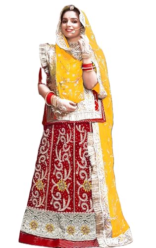 Image of Heavy Embroidery Work Semi Stitched Shimmer Silk Rajputi Poshak For Women Rajasthani Lehenga Choli
