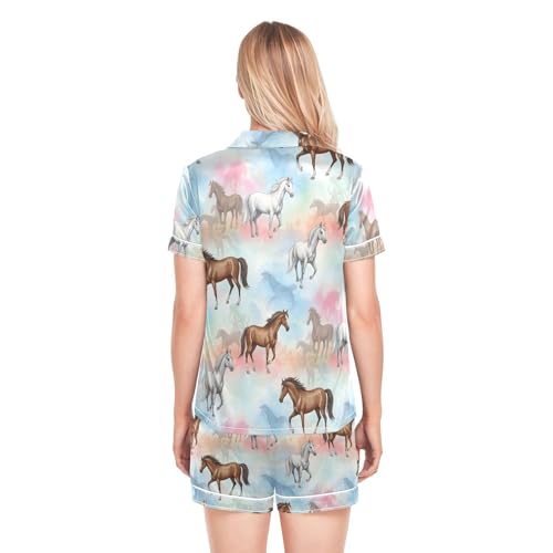 Image of Womens Silk Satin Pajamas Set Western Theme Womens Short Sleeve Shorts Set 2 Piece Sleepwear Lounge Set S-XXL