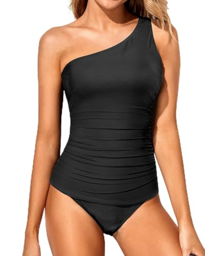 Tempt Me Two Piece Tankini Set Swimsuits for Women Tummy Control Bathing Suit One Shoulder Swimwear with Bikini Bottoms