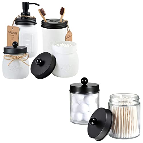 4Pc Mason Jar Bathroom Accessories Set —White Retro Mason Jar Lotion Soap Dispenser & 2 Qtip Holder & Toothbrush Holder,Rustic Farmhouse Decor+2 Pc Apothecary Jars Bathroom Vanity Organizer,Black #TOP11