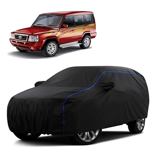 Image of Sulfar 100% Water Resistant Car Body Cover Compatible with Mirror for Tata Sumo (Triple Stitched, Full Bottom Elastic, Black Tafetta with Blue Piping)